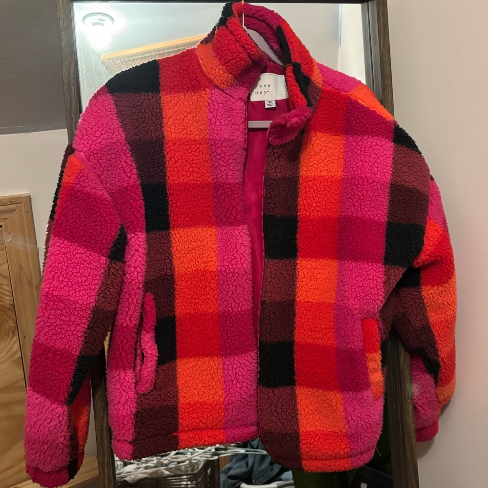 a new day Plaid Teddy Jacket - Pink, Orange, Black